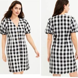 LOFT Black and White Button Up Gingham Mini Dress with Puffed Sleeves